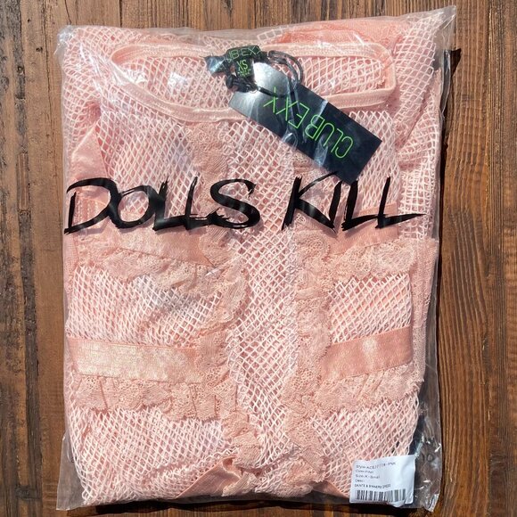 NWT Club Exx Pastel Pink Fishnet Ruffled Lace Bell Sleeve Fairycore Mini Dress - Picture 6 of 10